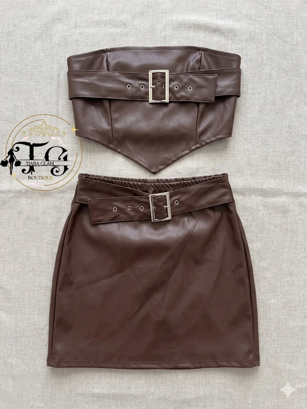 Brown Vegan Leather Belted Skirt Set - Picture 1 of 2